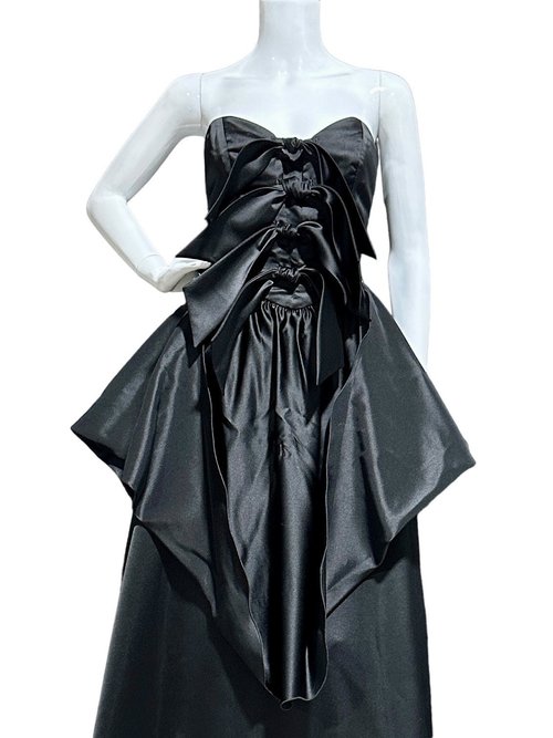 HOLLY HARP vintage 1980s ball gown, Black satin architectural peplum dress