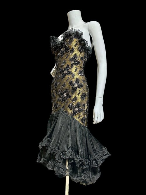 David Fielden London All Silk Hi Low Ruffle cocktail dress, vintage 1980s Black and gold metallic evening dress, 33 bust