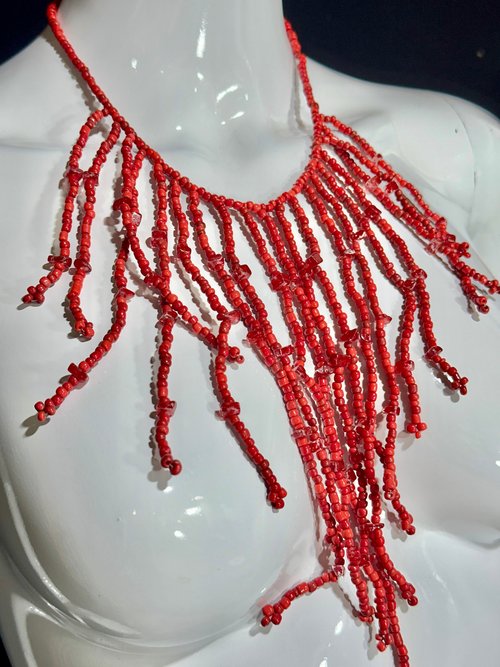 1980s Red Coral Bead Necklace,  Vintage 80s Coral and Carnelian Fringe Bib Statement Necklace, dangling 18 inches