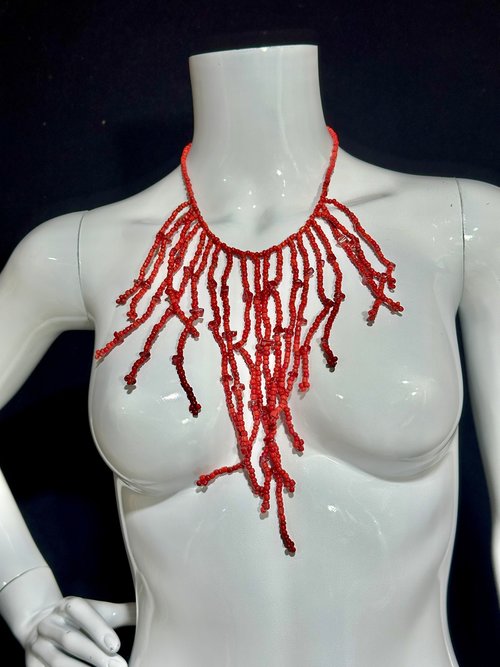 1980s Red Coral Bead Necklace,  Vintage 80s Coral and Carnelian Fringe Bib Statement Necklace, dangling 18 inches