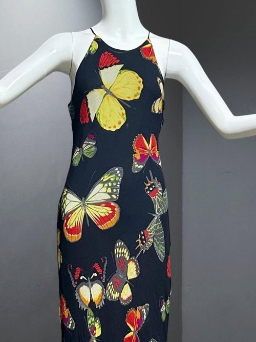 CACHE vintage 1990s Butterfly dress, Bias cut butterfly print sheath slip dress, bodycon maxi dress