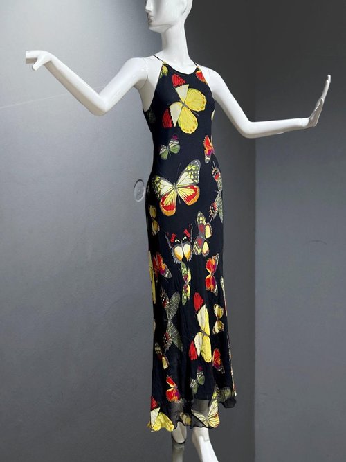 CACHE vintage 1990s Butterfly dress, Bias cut butterfly print sheath slip dress, bodycon maxi dress