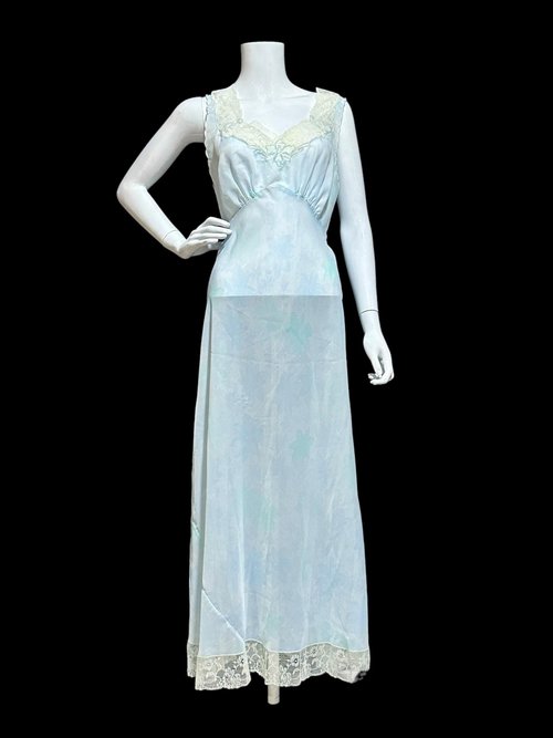 SAAB from I.MAGNIN vintage 1940s nightgown, palest blue floral sheer full length slip dress, Old Hollywood sheer watercolor gown