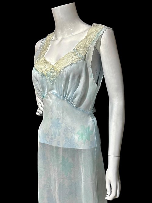 SAAB from I.MAGNIN vintage 1940s nightgown, palest blue floral sheer full length slip dress, Old Hollywood sheer watercolor gown