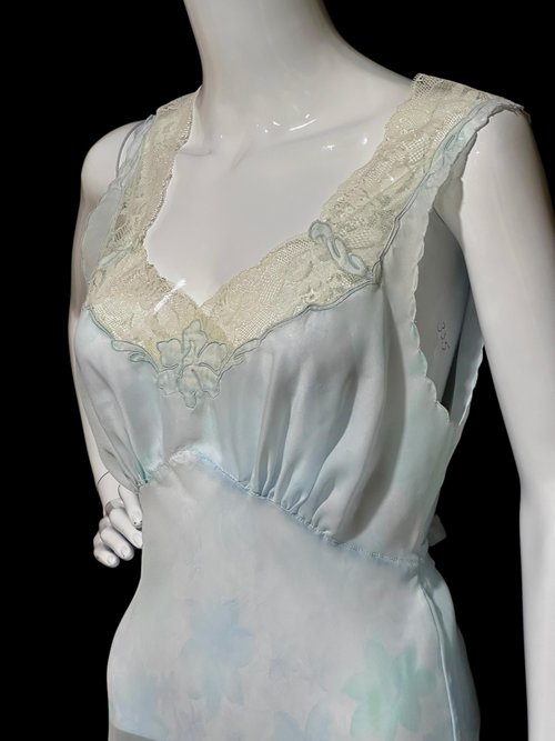 SAAB from I.MAGNIN vintage 1940s nightgown, palest blue floral sheer full length slip dress, Old Hollywood sheer watercolor gown