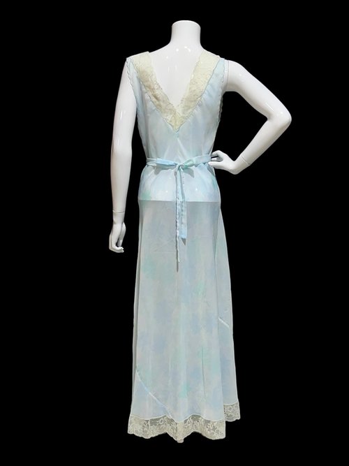 SAAB from I.MAGNIN vintage 1940s nightgown, palest blue floral sheer full length slip dress, Old Hollywood sheer watercolor gown