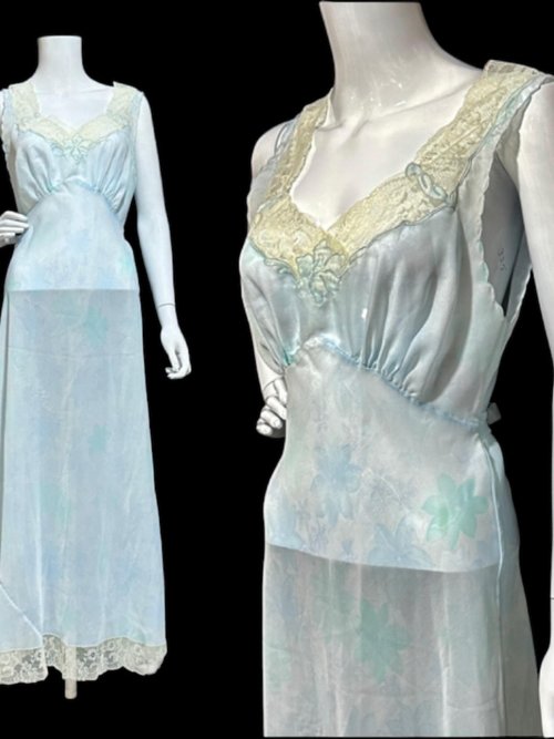 SAAB from I.MAGNIN vintage 1940s nightgown, palest blue floral sheer full length slip dress, Old Hollywood sheer watercolor gown