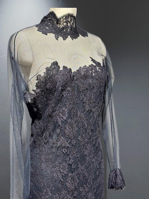JOHN ANTHONY COUTURE cocktail dress, vintage 1980s black floral lace sheer mesh, little black dress
