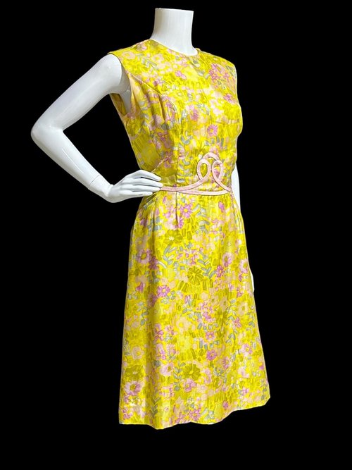 FRANKLIN SHOPS, vintage 1960s dress set, Custom Made 2pc Yellow floral Dinner Ensemble