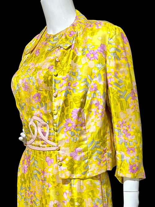 FRANKLIN SHOPS, vintage 1960s dress set, Custom Made 2pc Yellow floral Dinner Ensemble