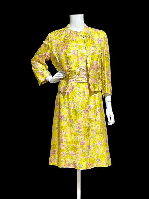 FRANKLIN SHOPS, vintage 1960s dress set, Custom Made 2pc Yellow floral Dinner Ensemble, evening suit, 38 bust