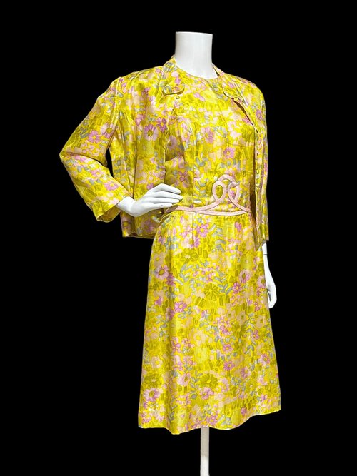 FRANKLIN SHOPS, vintage 1960s dress set, Custom Made 2pc Yellow floral Dinner Ensemble