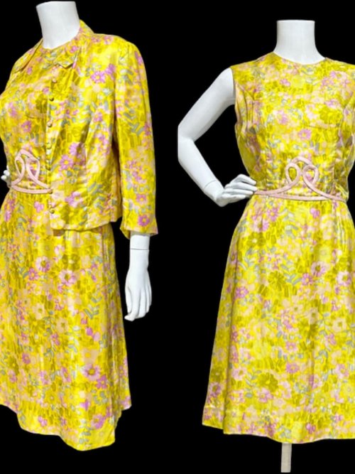 FRANKLIN SHOPS, vintage 1960s dress set, Custom Made 2pc Yellow floral Dinner Ensemble