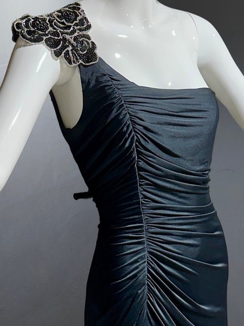 EUGENE ALEXANDER 1980s vintage evening gown, Slinky Black silky sheath party cocktail dress, One Shoulder Grecian Goddess Ruched gown