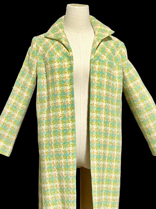 1960s vintage mod duster coat, Open front walking coat, green yellow herringbone tweed, 36 bust