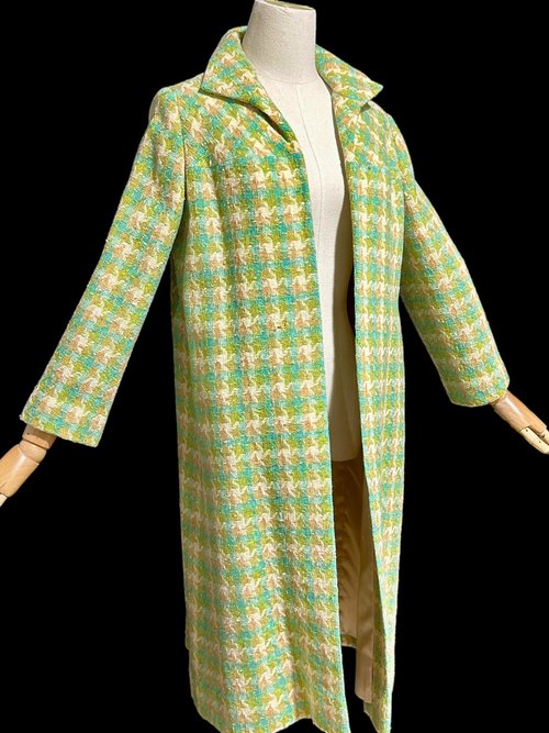 1960s vintage mod duster coat, Open front walking coat, green yellow herringbone tweed, 36 bust