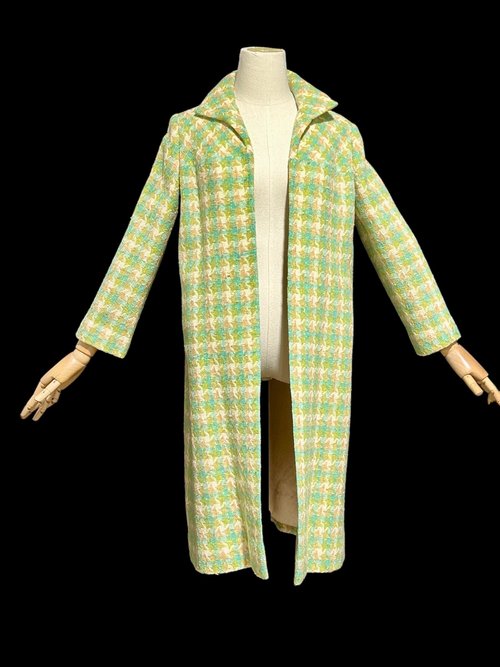 1960s vintage mod duster coat, Open front walking coat, green yellow herringbone tweed, 36 bust