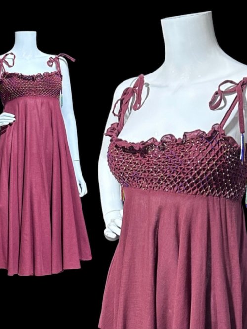 GUNN TRIGERE vintage 1970s dress, smocked and beaded cotton dress, Hippie Boho beachwear day dress, medium