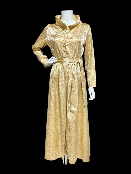 FLOBERT 1940s vintage dressing gown, shiny gold metallic damask button front housecoat hostess dress, 36 bust