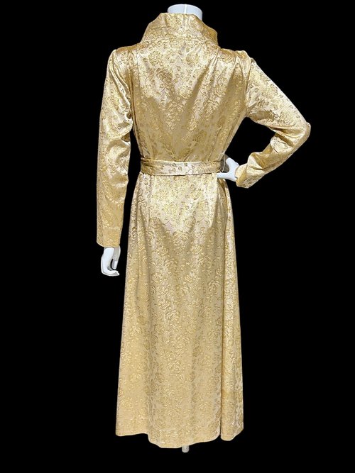 FLOBERT 1940s vintage dressing gown, shiny gold metallic damask button front housecoat hostess dress, 36 bust