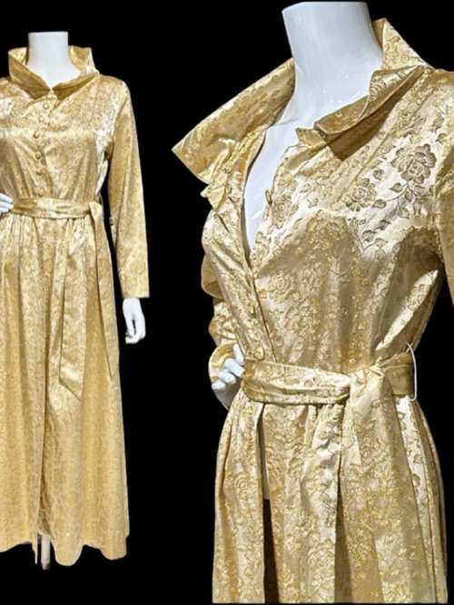 FLOBERT 1940s vintage dressing gown, shiny gold metallic damask button front housecoat hostess dress, 36 bust