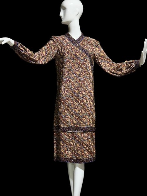 1970s vintage silk shift dress, long sleeve beaded cocktail party dress, mod boho hippie dress,