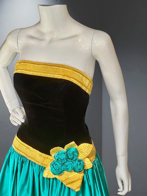 EUGENE ALEXANDER for Neiman Marcus vintage 1980s gown, black & teal rosette evening dress, floral ball gown, 32 bust