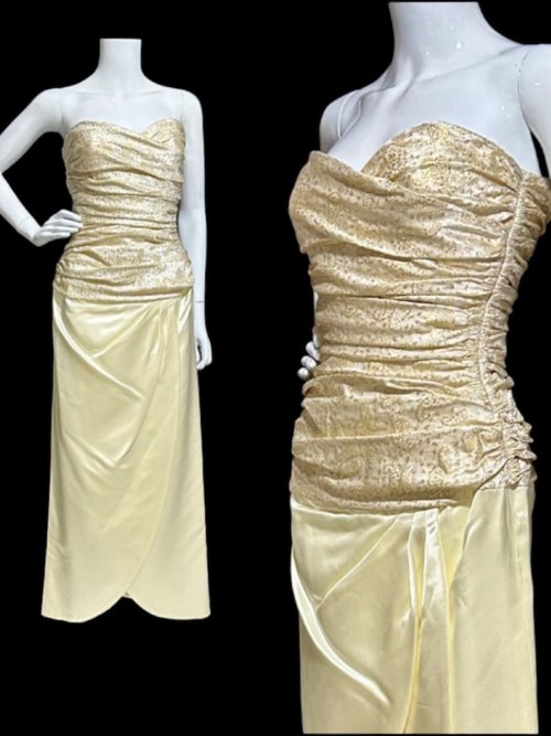1950s vintage satin evening dress, Very Marilyn, Creamy satin with Gold metallic, wedding dress, 32 bust