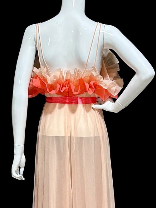 VANITY FAIR, 1950s vintage nightgown slip dress, peach and coral sheer chiffon ruffles Grecian goddess gown. 36 bust