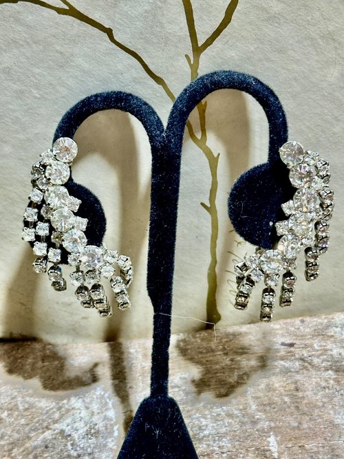 1950s vintage earrings, climber rhinestone clip earrings, clip-on prong set wedding bridal earrings