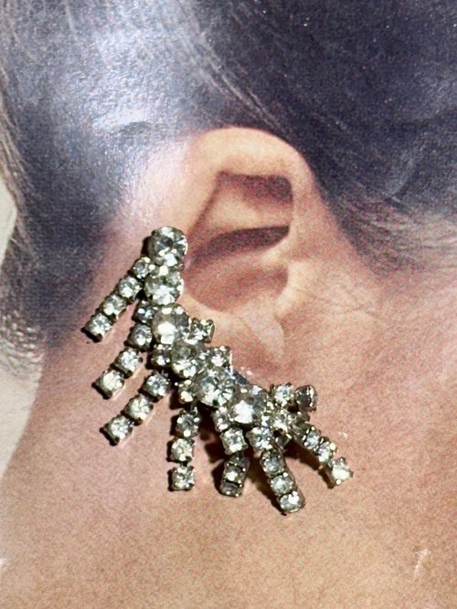 1950s vintage earrings, climber rhinestone clip earrings, clip-on prong set wedding bridal earrings