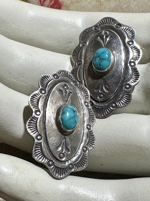 Navajo sterling silver and turquoise vintage earrings, Concho style southwestern native American clip on earrings, artist unknown