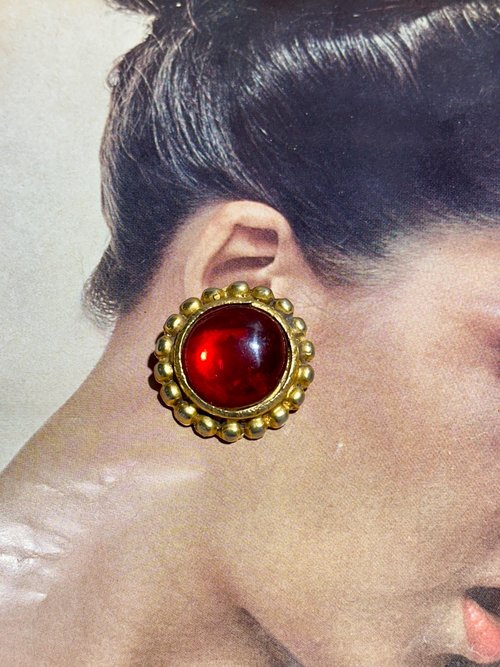 EMANUEL UNGARO vintage 1980s clip earrings, runway statement earrings, shiny red gold glam dynasty