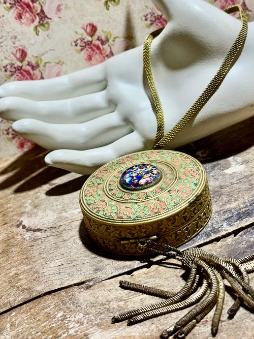 1920s vintage powder dance compact, Antique chatelaine flapper enamel mirrored wrist compact