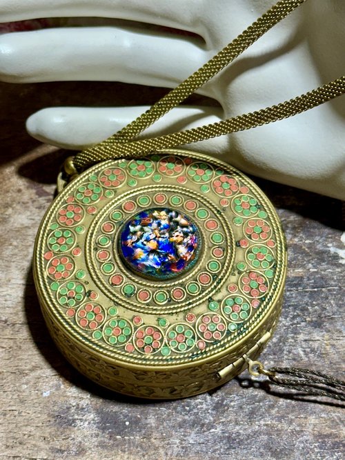 1920s vintage powder dance compact, Antique chatelaine flapper enamel mirrored wrist compact