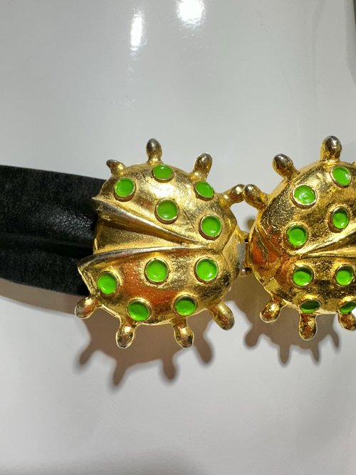 MIMI Di N vintage 1970s signed belt buckle, shiny gold and green enamel, kissing ladybugs dated 1972