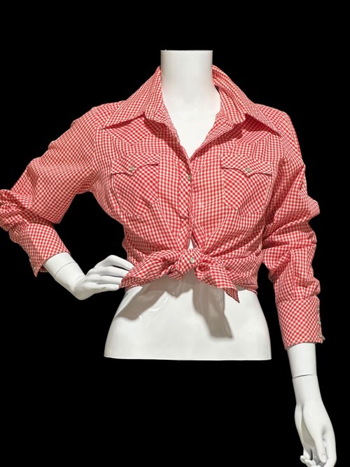 JC PENNEY'S vintage 1970s Red White Gingham western shirt , western apparel, Women's Cotton blend, pearl snaps,