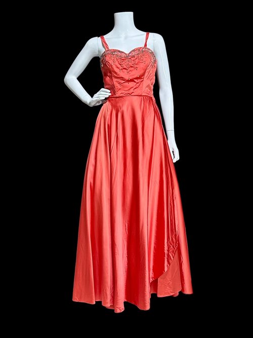 JULIUS GARFINCKEL & CO, 1940s vintage evening gown, Coppery Coral Shiny Silky Liquid Satin Beaded Evening Dress, 34 bust