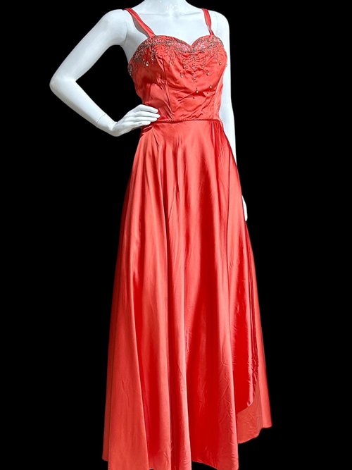 JULIUS GARFINCKEL & CO, 1940s vintage evening gown, Coppery Coral Shiny Silky Liquid Satin Beaded Evening Dress, 34 bust