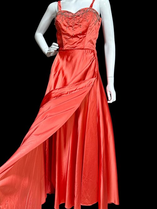 JULIUS GARFINCKEL & CO, 1940s vintage evening gown, Coppery Coral Shiny Silky Liquid Satin Beaded Evening Dress, 34 bust