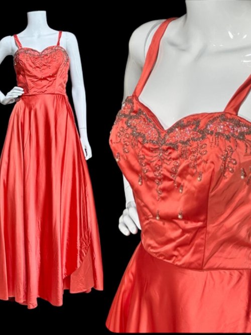 JULIUS GARFINCKEL & CO, 1940s vintage evening gown, Coppery Coral Shiny Silky Liquid Satin Beaded Evening Dress, 34 bust