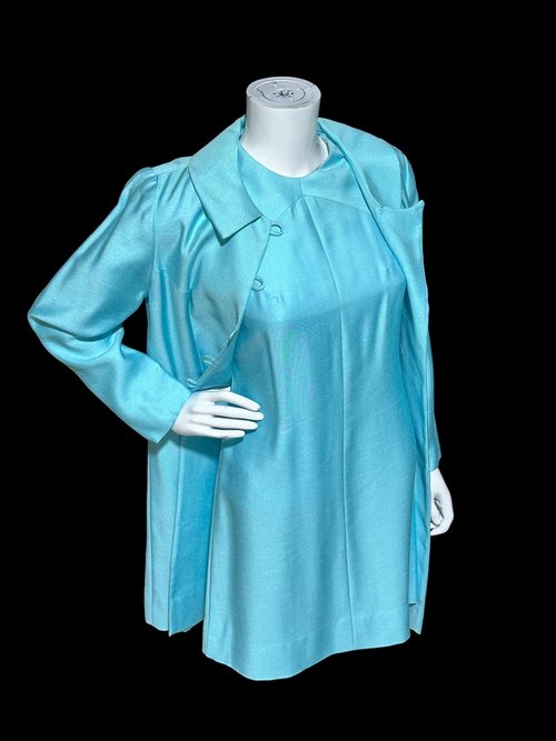 HELEN WHITING vintage 1960s dress set, cocktail dress and coat set, Robin's egg blue 