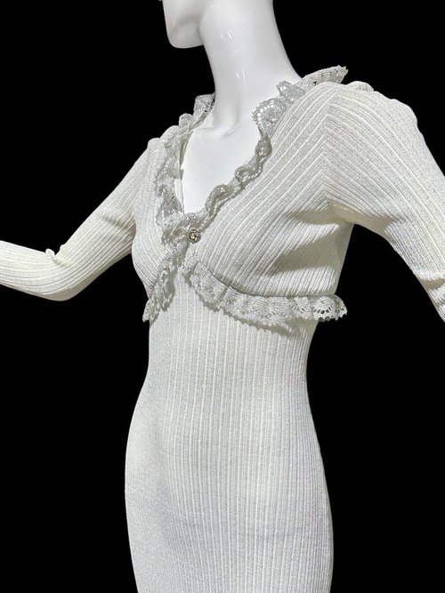 1970s vintage Lurex knit dress, Silver Metallic Lurex Knit Maxi Dress Ruffle Neckline