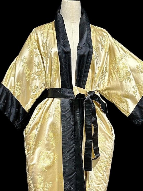 HAYASHI Kimono dressing gown robe, vintage Reversible Gold Black Shiny Silk Satin 