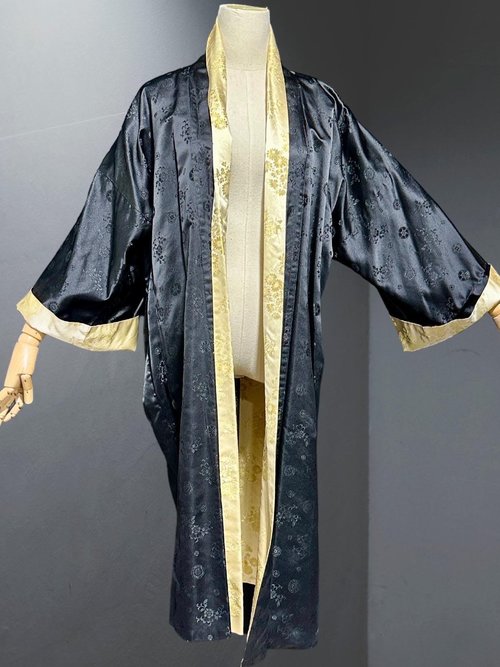 HAYASHI Kimono dressing gown robe, vintage Reversible Gold Black Shiny Silk Satin 