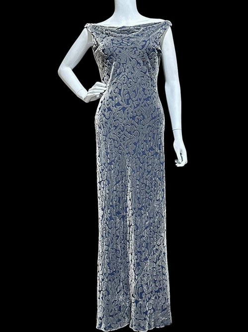 CARMEN MARC VALVO vintage evening dress, silk burnout sheath slip dress, drape neck, wide shoulders and backless, 36 bust