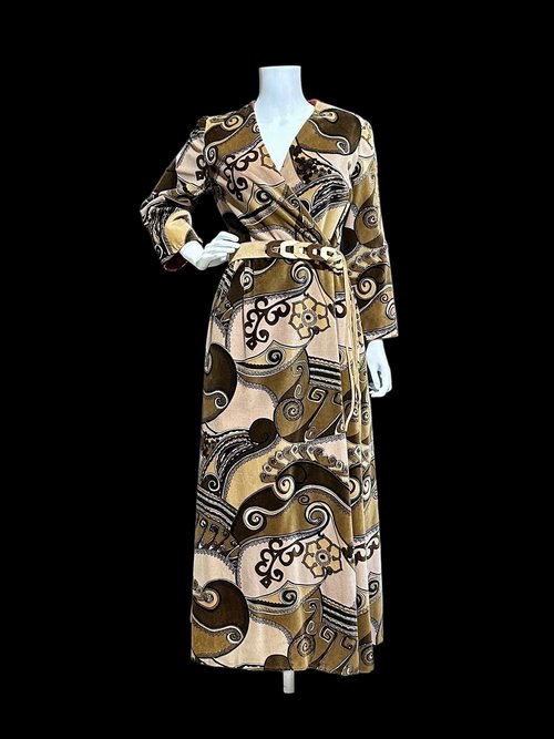 BARD'S TORONTO, vintage maxi evening dress, brown op art velvet hostess gown, dressing gown? Wrap front, 36 bust