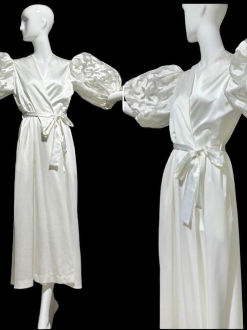 GEORGETTE TRABOLSI, vintage dressing gown robe, White bridal peignoir lingerie, cutout puffed sleeves, wrap front