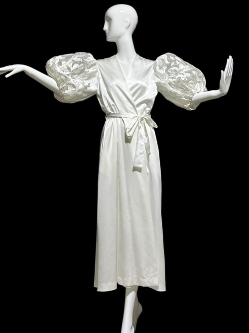 GEORGETTE TRABOLSI, vintage dressing gown robe, White bridal peignoir lingerie, cutout puffed sleeves, wrap front