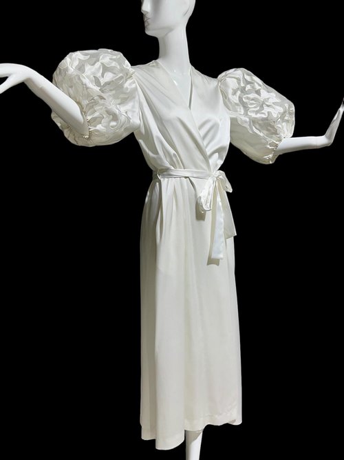 GEORGETTE TRABOLSI, vintage dressing gown robe, White bridal peignoir lingerie, cutout puffed sleeves, wrap front